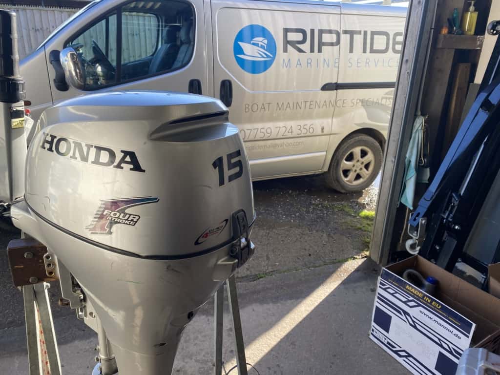 Honda BF15 outboard in the workshop