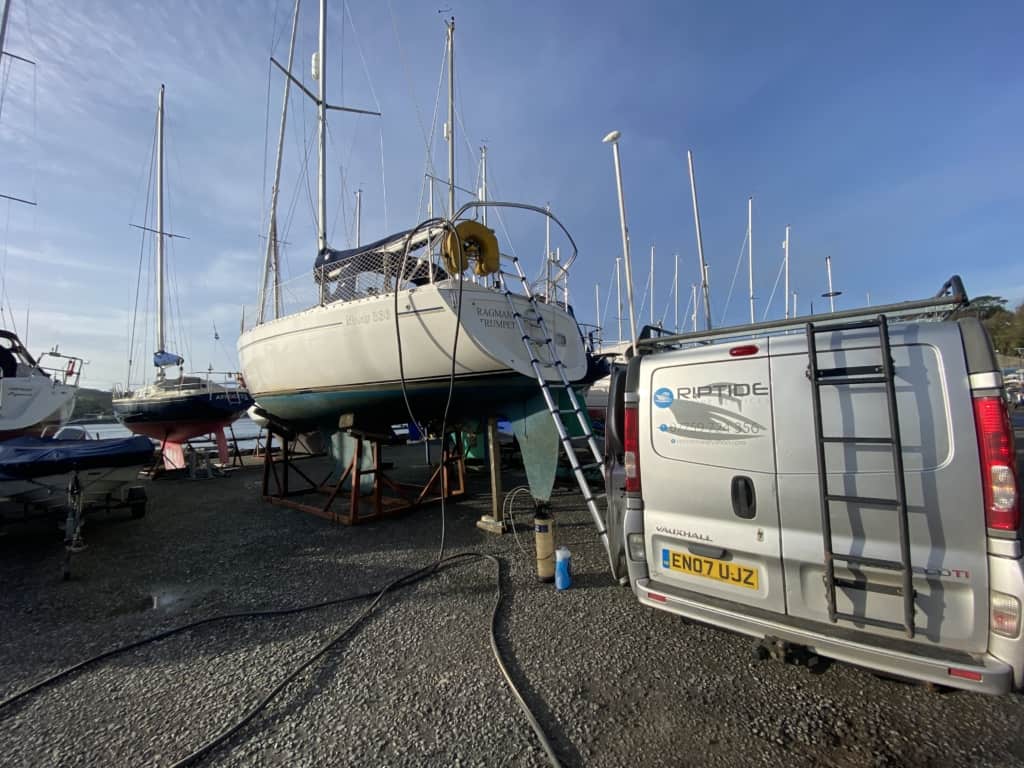 Out of water Yacht undergoing a winterisation service